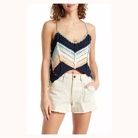 Free People Tops - Free People Swim Up tank top blue green open knit sleeveless boho crochet